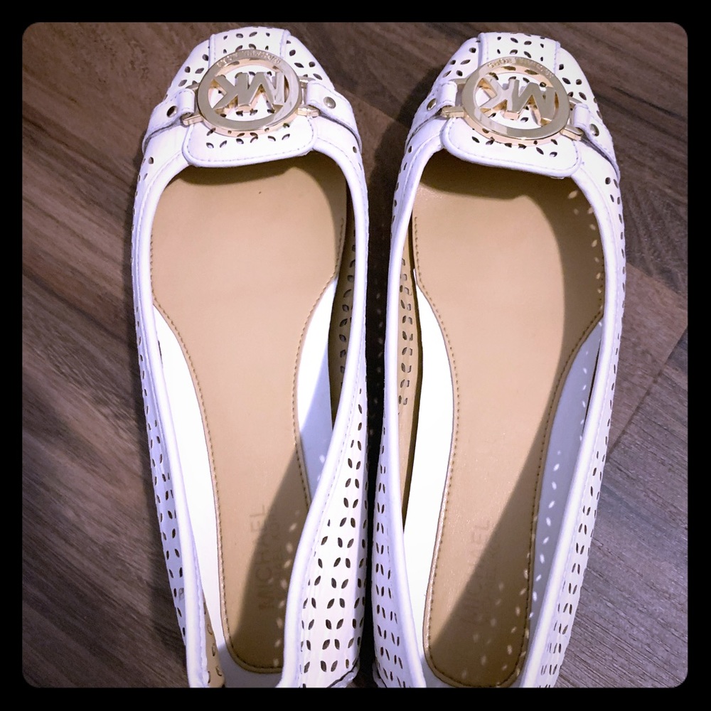 Michael Kors White Flats with Gold Emblem